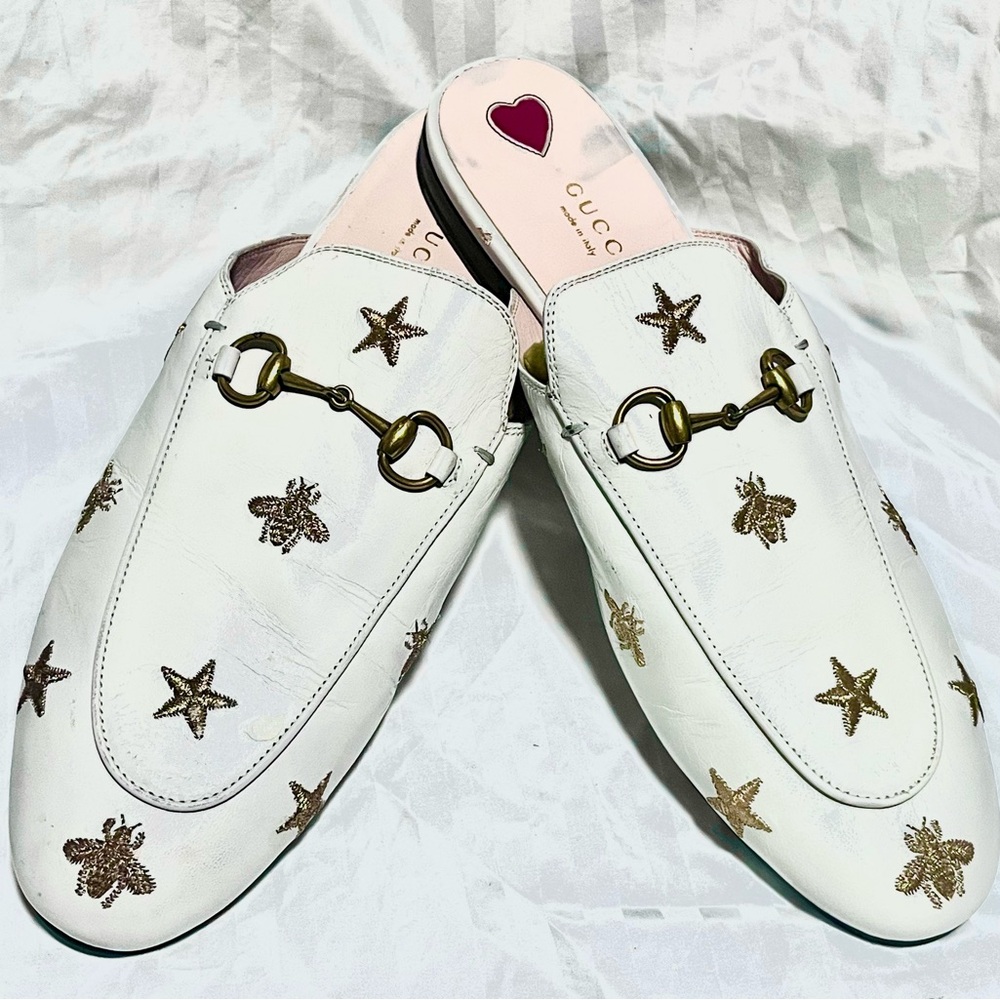 Gucci White Mules with Gold Star Embellishments